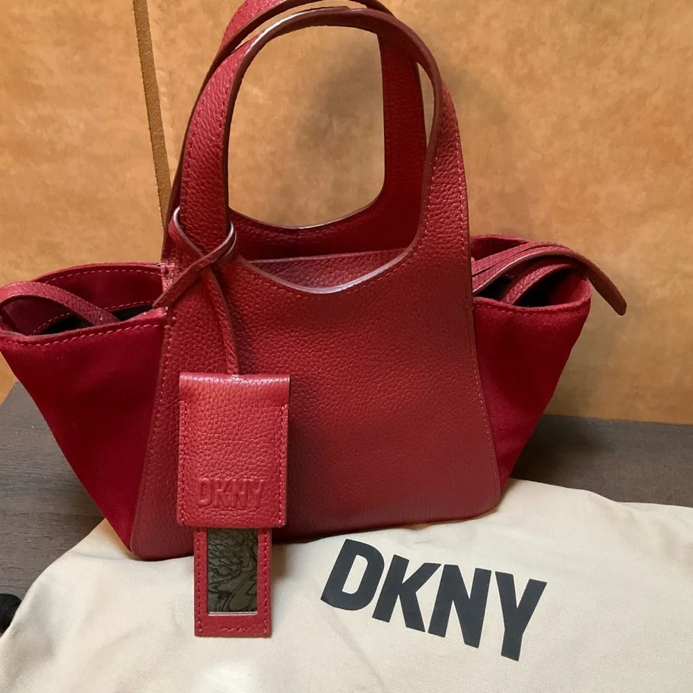 DKNY Effortless The Mini Tote Red Satchel Bag Leather Crossbody, Top handle
